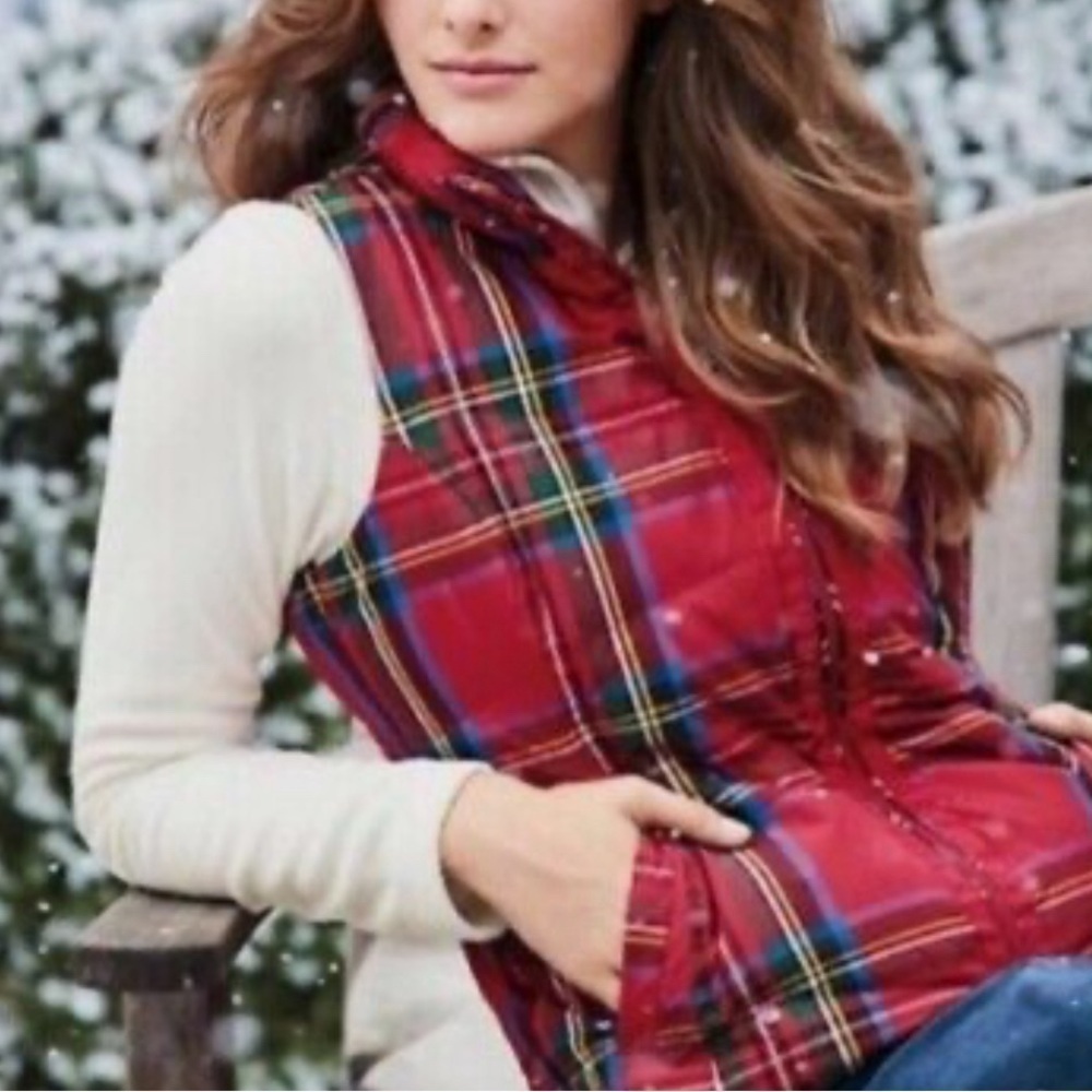 Lands’ End plaid checker red sleeveless down filled puffer vest‎ NWOT Sz-MP.J6